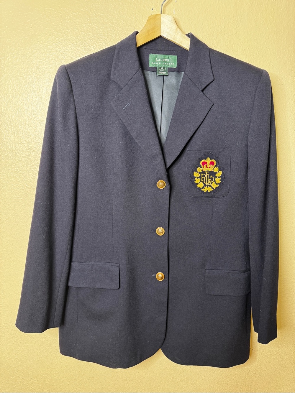 Lauren Ralph Lauren Womens 16 Navy Wool Blazer Embroidered Crest Gold Buttons